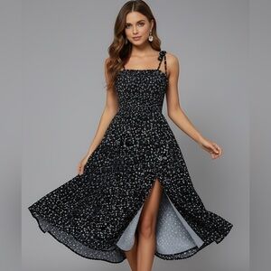 Black Ditsy Floral Print Tie Shoulder Split Thigh Cami Dress